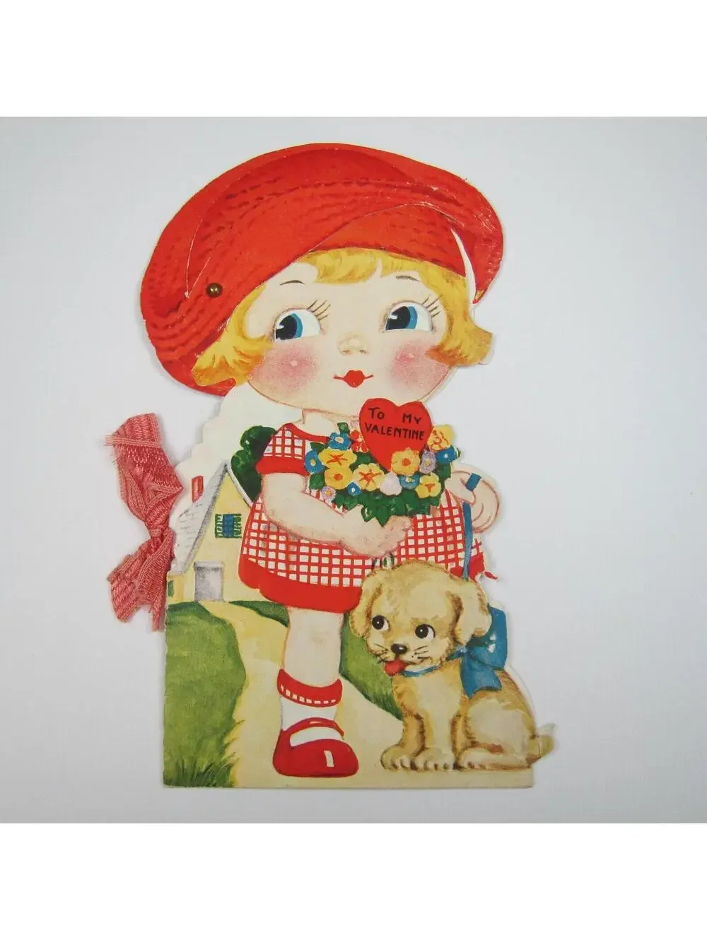Vintage Valentine Mechanical Red Hat Blonde Girl Puppy Dog LARGE Story Book RARE